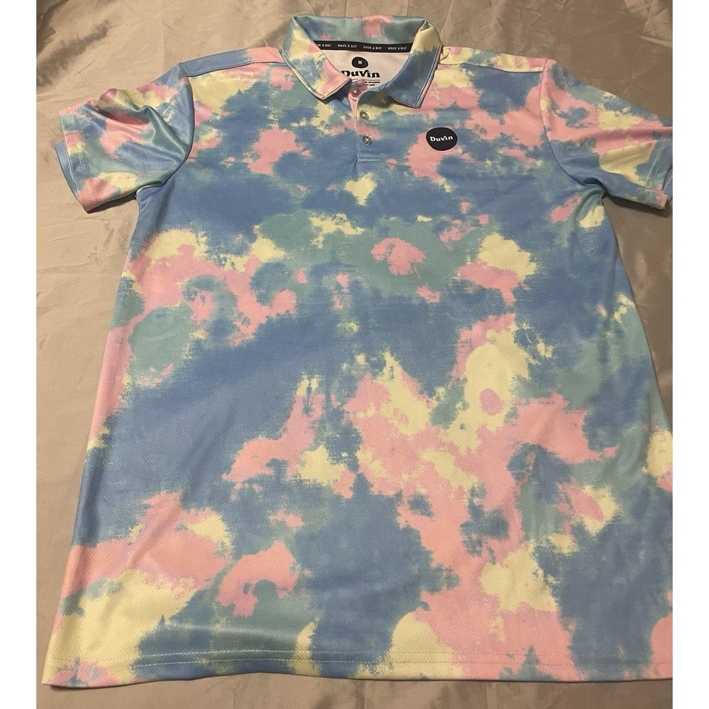 Duvin Design Golf Polo Shirt Tie Dye Mens Medium Blue Pink Colorful Collared